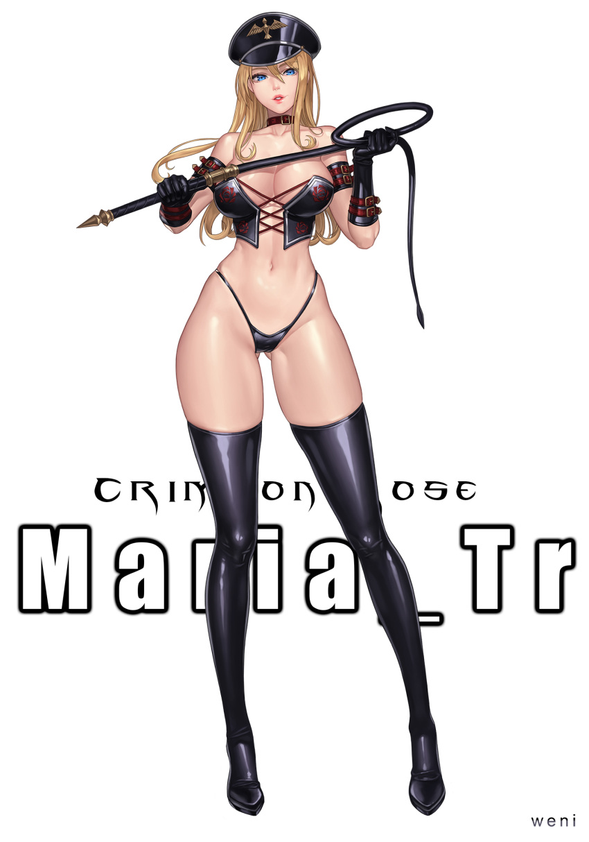 arm_belt ass_visible_through_thighs black_footwear black_gloves blonde_hair blue_eyes boots breasts character_name collarbone commission contrapposto corset dominatrix dungeon_and_fighter female_gunner_(dungeon_and_fighter) gloves hair_between_eyes hat high_heel_boots high_heels highres holding_whip karmiel large_breasts lips long_hair looking_at_viewer maria_tr navel parted_lips peaked_cap red_lips skindentation solo standing string_panties thigh_boots thighhighs thong whip