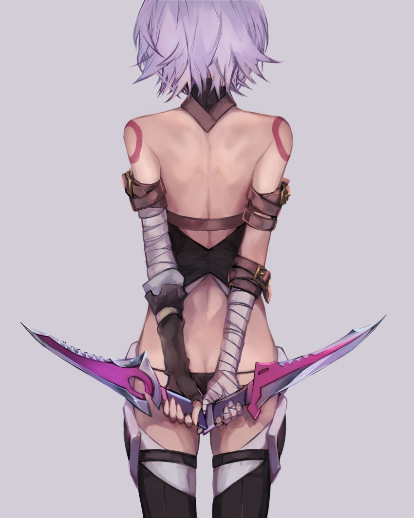 arm_belt arms_behind_back ashita_kura ass back bad_id bad_pixiv_id bandaged_arm bandages black_legwear black_panties butt_crack dagger dual_wielding facing_away fate/grand_order fate_(series) fingerless_gloves from_behind gloves grey_background highres holding holding_knife jack_the_ripper_(fate/apocrypha) knife lowleg lowleg_panties panties short_hair shoulder_tattoo silver_hair simple_background single_glove solo standing tattoo thighhighs underwear weapon