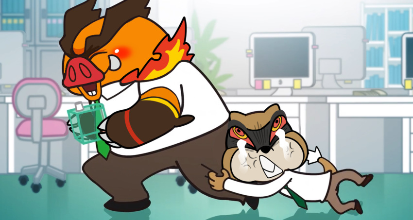 aggressive_retsuko alternate_species anthro blush chief_pig clothed clothing crossover daily_incineroar emboar fire fur herpestid komiya male mammal necktie nintendo patrat pok&eacute;mon pok&eacute;mon_(species) porcine red_eyes sanrio smile tears video_games white_fur