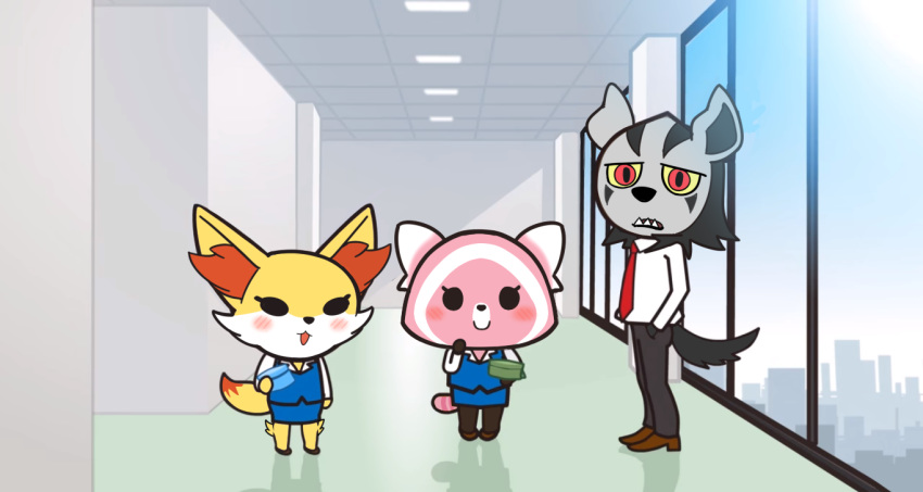 aggressive_retsuko alternate_species anthro black_fur blush canine clothed clothing crossover daily_incineroar eyelashes female fennekin fenneko fur haida male mammal mightyena necktie nintendo parody phone pink_fur pok&eacute;mon pok&eacute;mon_(species) retsuko sanrio simple_background smile stufful video_games yellow_fur