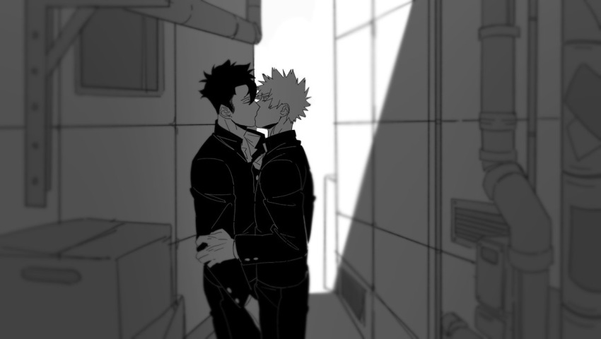 2boys alley bakugou_katsuki character_request dark_hair hand kiss light_hair male male_focus monochrome multiple_boys neonbur outdoors outside yaoi