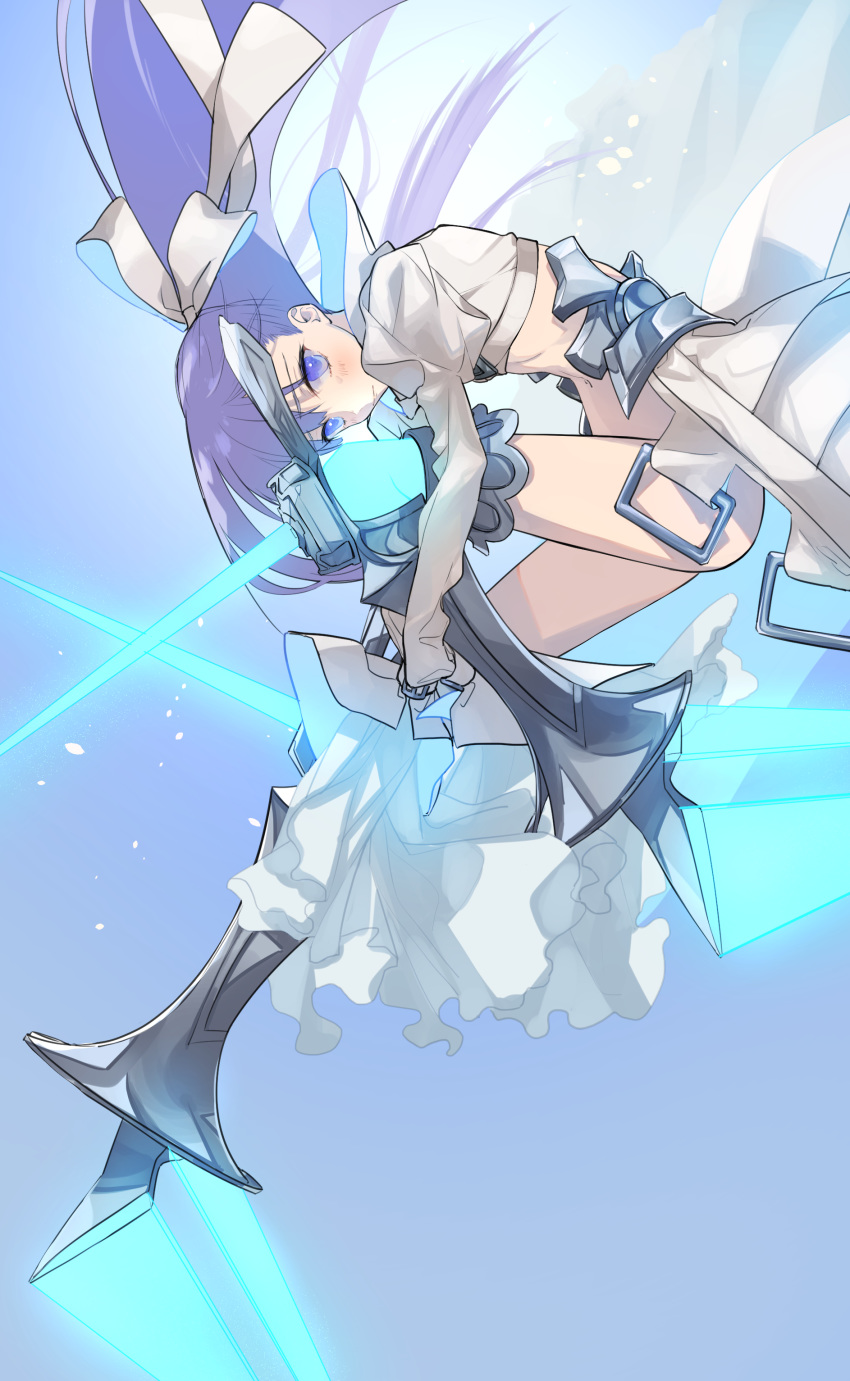 absurdres ashita_kura bad_id bad_pixiv_id blue_eyes blush commentary_request dress fate/extra fate/extra_ccc fate_(series) frilled_dress frills highres long_hair meltlilith purple_hair sleeves_past_wrists solo spikes very_long_hair white_dress