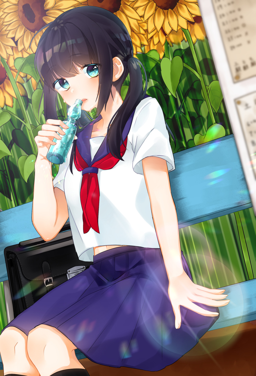 absurdres aqua_eyes bench black_hair blue_skirt blush day etto_eat eyebrows_visible_through_hair flower highres kneehighs looking_at_viewer medium_hair navel neckerchief original outdoors parted_lips ramune red_neckwear school_uniform serafuku sitting skirt solo sunflower twintails