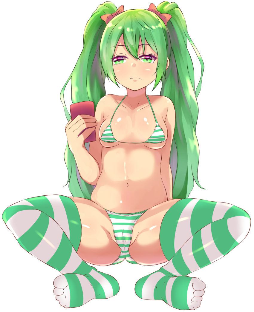 bangs bare_arms bare_shoulders bow breasts cameltoe collarbone eyebrows_visible_through_hair green_eyes green_hair hair_between_eyes hair_bow highres long_hair medium_breasts navel no_shoes original owafu red_bow sidelocks simple_background sitting soles solo spread_legs striped striped_legwear thighhighs twintails very_long_hair white_background