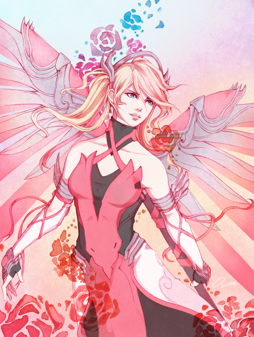 absurdres alternate_costume alternate_hairstyle bare_shoulders blonde_hair blue_eyes breasts criss-cross_halter dress elbow_gloves fingerless_gloves gloves hair_ribbon halterneck highres holding holding_staff lips looking_to_the_side mechanical_halo mechanical_wings medium_breasts mercy_(overwatch) onyrica overwatch parted_lips pink_dress pink_mercy pink_ribbon ribbon solo staff twintails wings