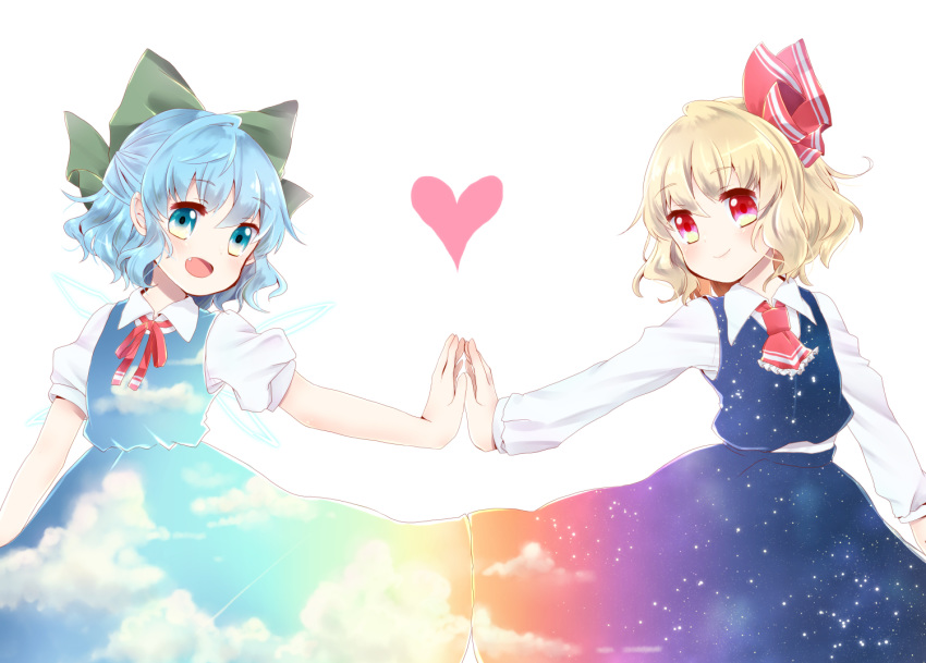 :d aqua_eyes ascot black_skirt black_vest blonde_hair blue_dress blue_hair bow cirno cloud cloudy_sky collared_shirt commentary_request day_and_night dress fang frills green_bow hair_bow hair_ribbon hands_together heart ice ice_wings kuromame_(8gou) long_sleeves looking_at_viewer multiple_girls neck_ribbon night night_sky open_mouth puffy_short_sleeves puffy_sleeves red_eyes red_neckwear red_ribbon ribbon rumia shirt short_hair short_sleeves simple_background skirt sky sky_print smile star_(sky) sunset touhou vest white_background wings