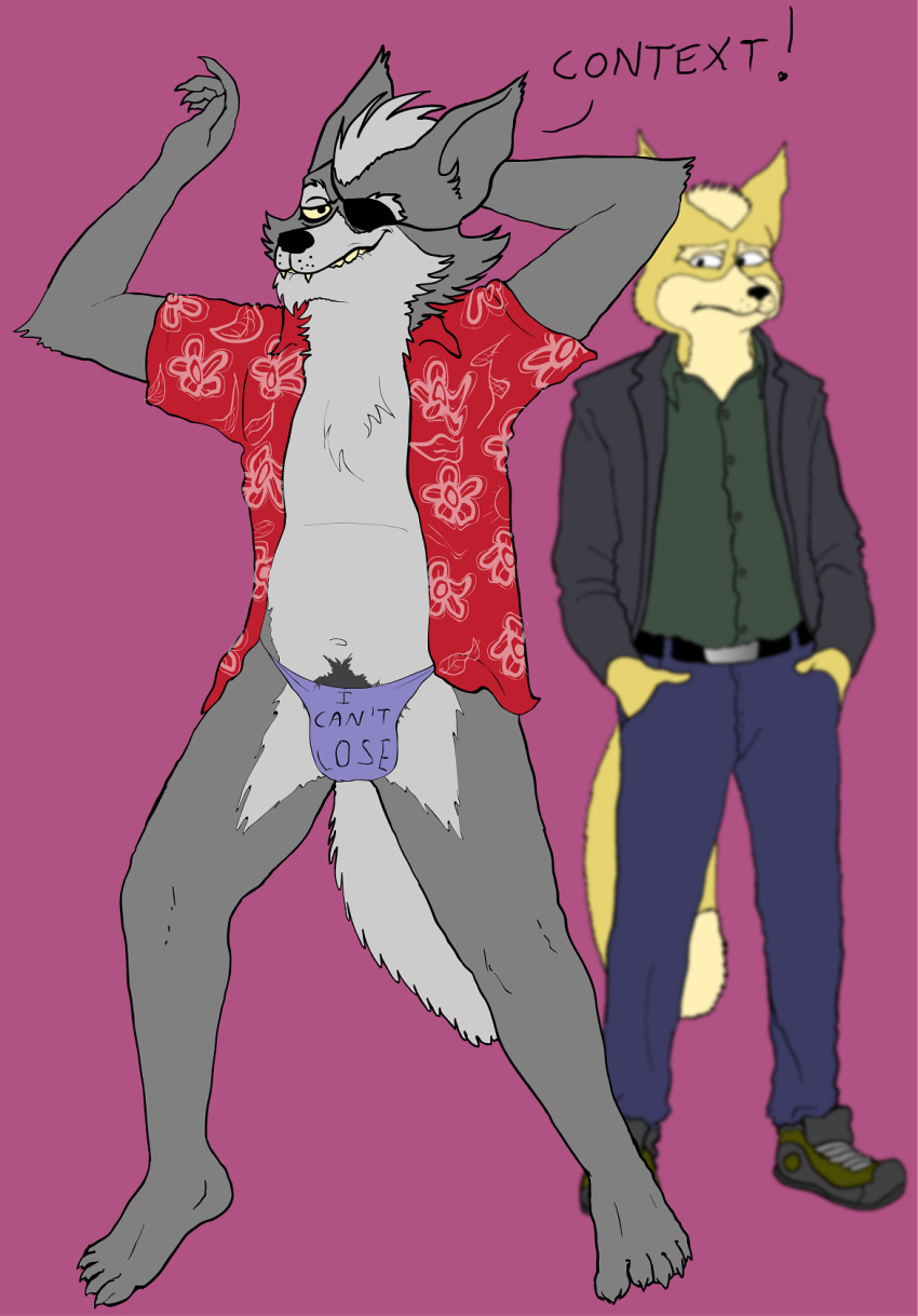 2015 5_toes anthro belt black_nose bulge canine clothed clothing dialogue eye_patch eyewear feet footwear fox fox_mccloud fredryk_phox fur grey_fur hands_in_pockets humanoid_feet invalid_tag mammal navel nintendo open_shirt polo_shirt pubes shirt shoes simple_background star_fox text toes underwear video_games wolf wolf_o'donnell yellow_eyes yellow_fur