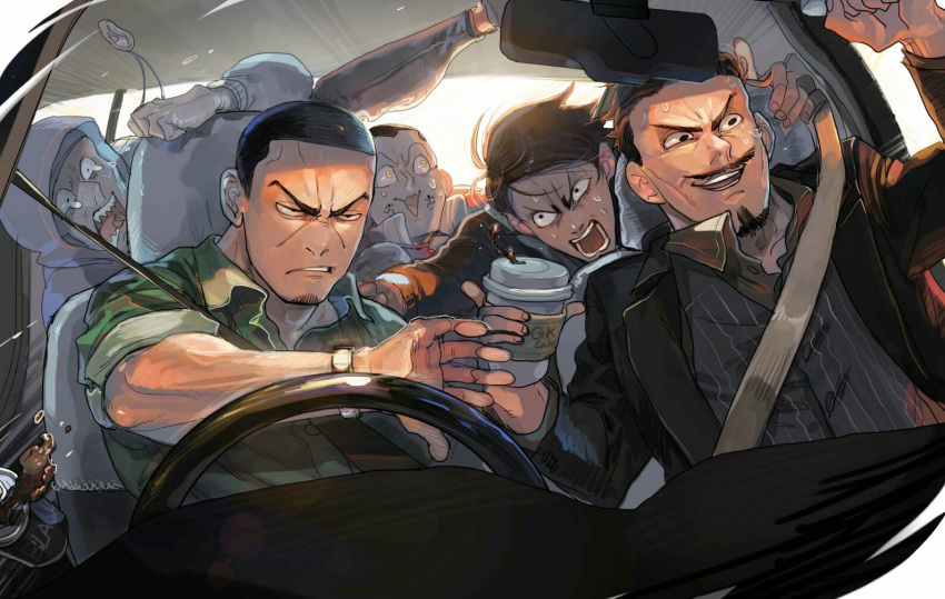 can canned_coffee clenched_teeth coffee contemporary driving facial_hair goatee golden_kamuy jacket jewelry koito leaning male_focus multiple_boys mustache necklace nikaidou_kouhei oku_(2964_okn) open_clothes open_jacket open_mouth sharp_teeth shaved_head short_sleeves shouting spilling sweat tearing_up teeth tsukishima tsurumi_(golden_kamuy) usami_(golden_kamuy) yellow_eyes