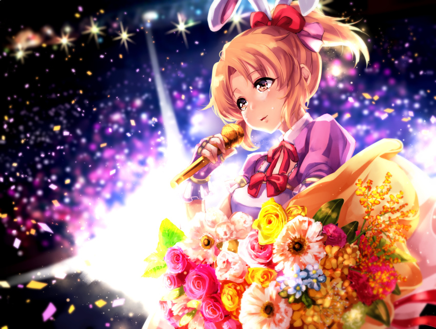 abe_nana animal_ears blush bouquet bow brown_eyes brown_hair bunny_ears commentary_request confetti flower gloves hair_bow happy_birthday highres holding holding_microphone idol idolmaster idolmaster_cinderella_girls microphone pink_gloves ponytail red_bow solo tdnd-96 tears