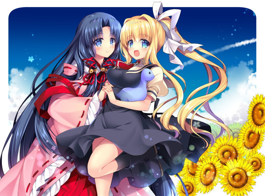 air beige_sailor_collar black_dress black_footwear black_hair black_legwear blonde_hair blue_eyes blue_sky cloud condensation_trail day detached_sleeves dinosaur dress feet_out_of_frame flower hair_intakes hair_ribbon hakama highres holding_hands japanese_clothes kamio_misuzu kannabi_no_mikoto kneehighs long_hair looking_at_viewer multiple_girls ponytail red_hakama red_neckwear ribbon ribbon-trimmed_sleeves ribbon_trim ringo_sui sailor_collar sailor_dress sky standing standing_on_one_leg stuffed_toy sunflower very_long_hair