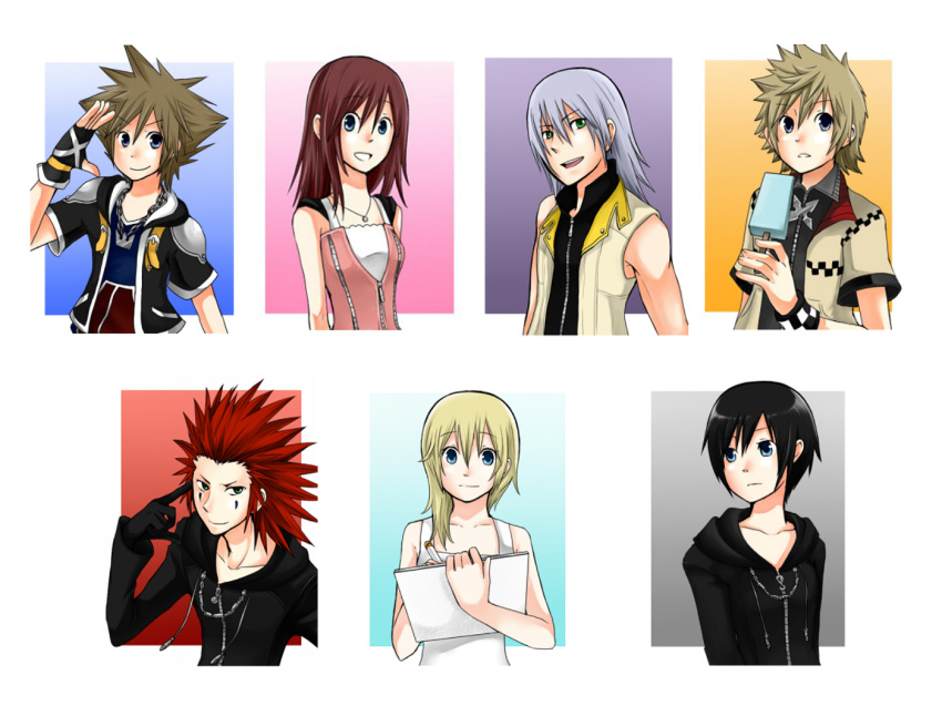 black_coat_(kingdom_hearts) black_hair blonde_hair blue_eyes breasts brown_hair commentary_request dress gloves jewelry kairi_(kingdom_hearts) kingdom_hearts kingdom_hearts_358/2_days kingdom_hearts_ii long_hair medium_hair mizuno_(iori-amu) multiple_boys multiple_girls namine necklace organization_xiii red_hair riku roxas short_hair smile sora_(kingdom_hearts) white_dress xion_(kingdom_hearts)