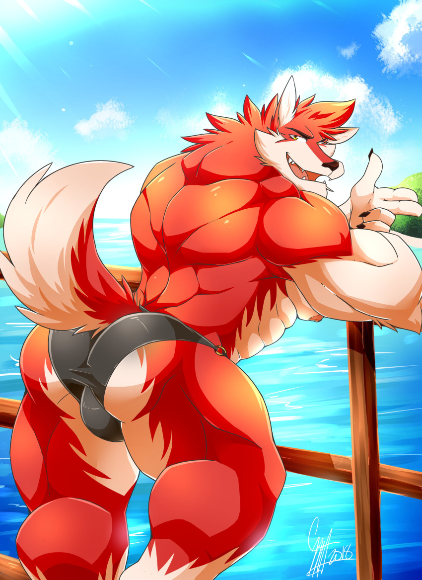 2018 5_fingers abs absurd_res anthro biceps big_biceps big_muscles canine daikitei digital_media_(artwork) fur hi_res looking_at_viewer male mammal muscular muscular_male nipples pecs red_fur simple_background solo wolf