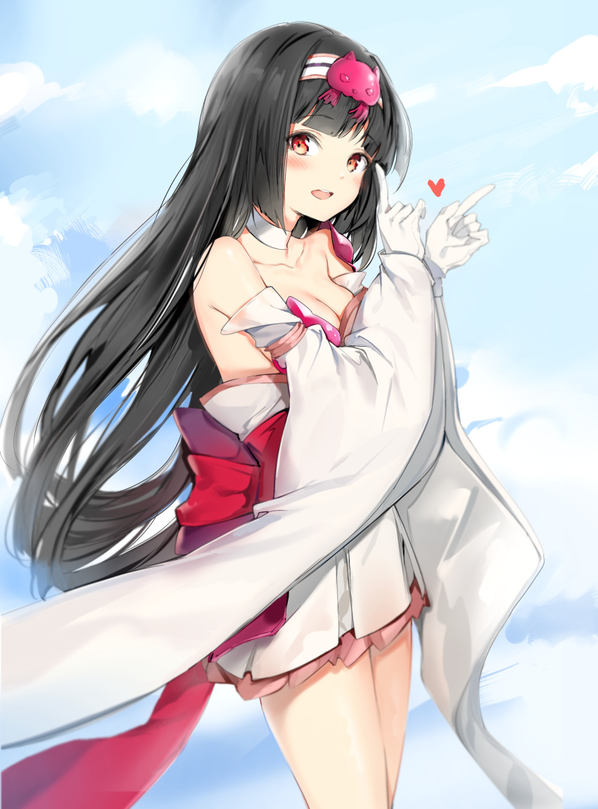 1girl bangs bare_shoulders black_hair blue_sky blush breasts choker cleavage cloud cloudy_sky collarbone commentary_request copyright_request day detached_sleeves eyebrows_visible_through_hair gloves hairband head_tilt heart highres index_finger_raised long_hair long_sleeves looking_at_viewer medium_breasts open_mouth outdoors red_eyes silver_(chenwen) skirt sky sleeves_past_wrists solo strapless upper_teeth very_long_hair white_choker white_gloves white_hairband white_skirt wide_sleeves