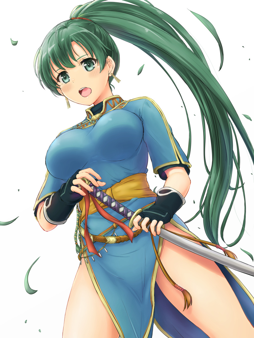 blue_dress breasts cowboy_shot dress earrings fingerless_gloves fire_emblem fire_emblem:_rekka_no_ken gloves green_eyes green_hair highres inanaki_shiki jewelry katana leaf long_hair looking_at_viewer lyndis_(fire_emblem) medium_breasts open_mouth pelvic_curtain ponytail simple_background solo sword thighs weapon white_background