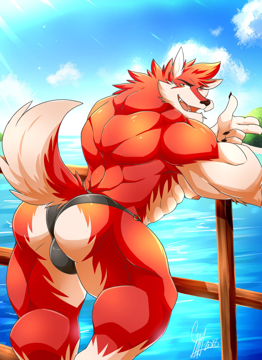 2018 5_fingers abs absurd_res anthro biceps big_biceps big_muscles canine clothing daikitei digital_media_(artwork) fur hi_res looking_at_viewer male mammal muscular muscular_male nipples outside pecs red_fur simple_background solo