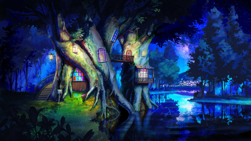 commentary_request door flower forest grass highres lake lamp mailbox_(incoming_mail) mountain nature night no_humans original outdoors reflection scenery touhou tree treehouse water window