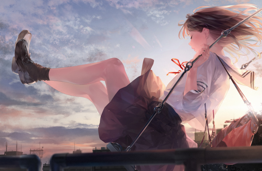 backpack bag black_footwear blurry brown_hair building city closed_eyes cloud commentary_request depth_of_field from_side full_body highres legs_up loafers long_hair neck_ribbon original outdoors pleated_skirt profile red_ribbon ribbon school_uniform serafuku shirt shoes short_sleeves sitting skirt sky socks solo sousou_(sousouworks) sunlight swing twilight