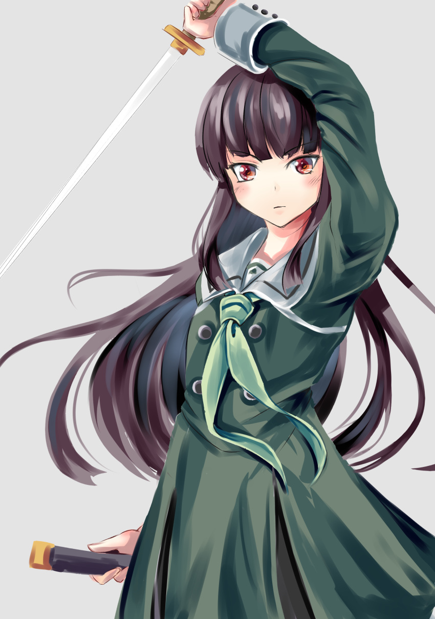 absurdres arm_above_head bangs black_hair blue_background blunt_bangs blush commentary_request contrapposto cowboy_shot dress expressionless green_dress green_neckwear heijou_institute_school_uniform highres holding holding_sword holding_weapon juujou_hiyori katana left-handed long_hair long_sleeves looking_at_viewer neckerchief red_eyes scabbard school_uniform sheath simple_background sketch solo standing sword toji_no_miko unsheathed weapon yumibakama_meme