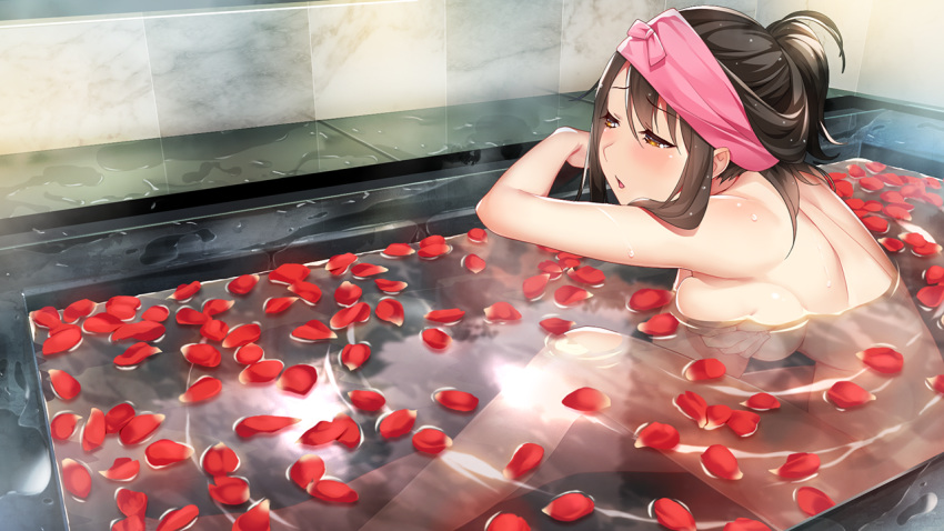 bathing breasts brown_hair eyebrows_visible_through_hair game_cg indoors ino kagamihara_alice large_breasts looking_away momoiro_closet nude open_eyes partially_submerged petals petals_on_liquid rose_petals short_ponytail sidelocks sitting smile solo steam towel towel_on_head wet