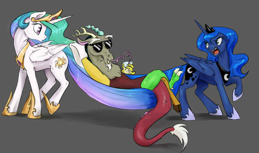 2016 angry antlers beverage blue_eyes blue_feathers blue_fur blue_hair brown_background brown_fur crown cutie_mark discord_(mlp) draconequus equine eyewear feathered_wings feathers female feral food friendship_is_magic fur group hair horn jewelry long_hair male mammal multicolored_hair my_little_pony necklace princess_celestia_(mlp) princess_luna_(mlp) purple_eyes silfoe simple_background sunglasses trolling white_fur winged_unicorn wings