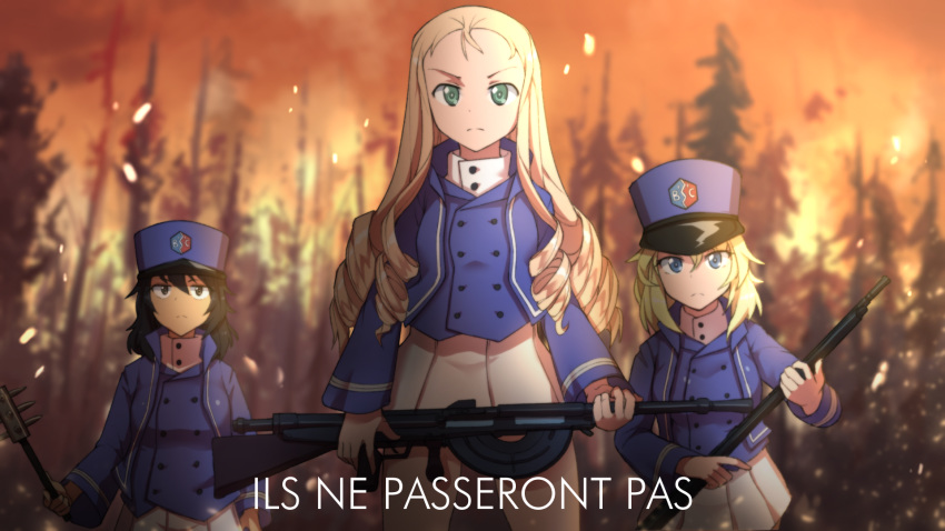 andou_(girls_und_panzer) battlefield_(series) battlefield_1 bc_freedom_(emblem) bc_freedom_military_uniform blonde_hair blue_jacket chauchat closed_mouth club commentary drill_hair emblem fire forest france french girls_und_panzer girls_und_panzer_saishuushou green_eyes gun hat highres jacket long_hair long_sleeves looking_at_viewer mace marie_(girls_und_panzer) multiple_girls nature oshida_(girls_und_panzer) rifle shirt sinensian standing translated trench_mace weapon world_war_i