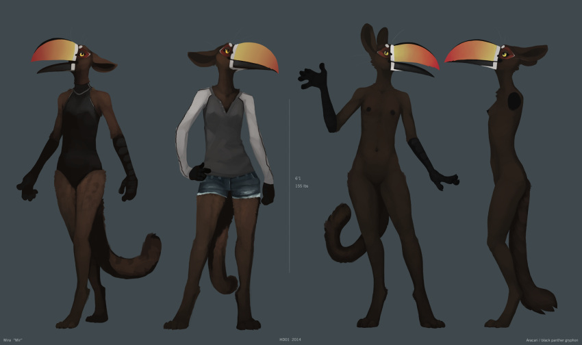 anthro aracari avian beak bird black_panther breasts clothing feline female flat_chested gryphon hd01 jeans leotard long_sleeves mammal mir mira_(hd01) model_sheet nude panther pants polo_shirt shirt shorts skinny small_breasts solo toucan yellow_eyes