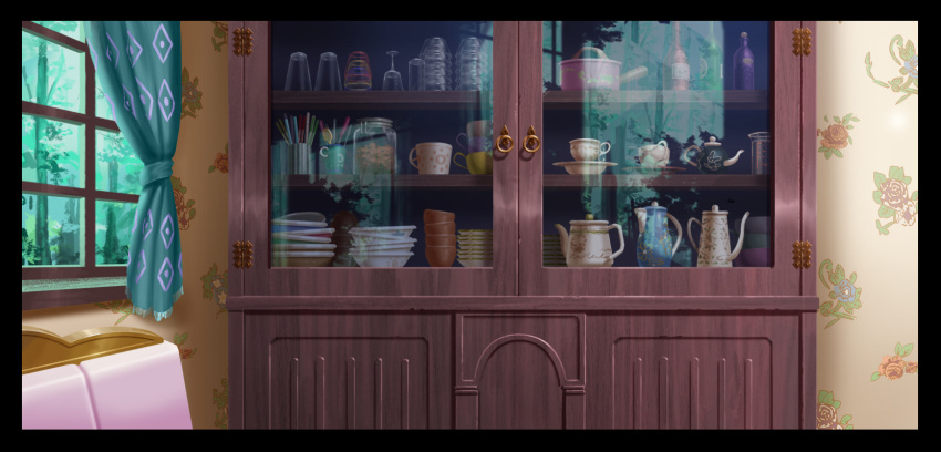 black_border border bottle cup curtains dish drinking_glass highres indoors no_humans saucepan saucer scenery spoon teacup teapot touhou window wine_glass