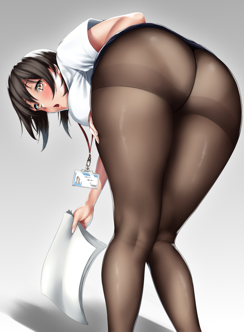 absurdres ass bent_over black_hair black_legwear blush brown_eyes crotch_seam highres long_hair looking_at_viewer name_tag open_mouth original pantyhose skirt solo tama_(tamakaka1031) thighband_pantyhose