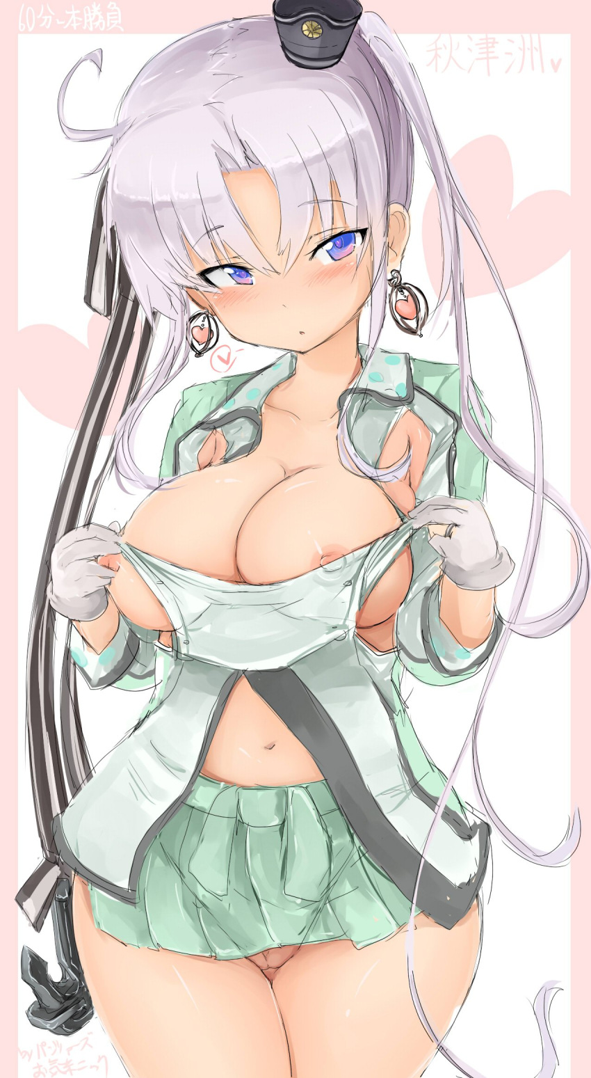 akitsushima_(kantai_collection) anchor blush breasts closed_mouth commentary_request earrings eyebrows_visible_through_hair green_skirt hair_between_eyes hair_ornament heart highres jewelry kantai_collection large_breasts long_hair looking_at_viewer miniskirt nipples no_bra no_panties okiraku_nikku pink_background ponytail purple_eyes pussy shirt silver_hair simple_background skirt solo white_background