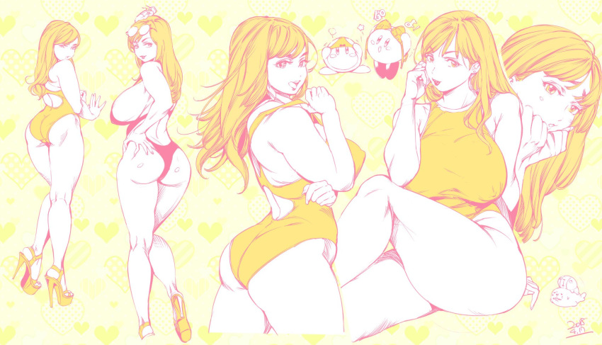 ass bangs bare_legs bare_shoulders blonde_hair bra breasts commentary_request covered_nipples eyewear_on_head from_behind full_body glasses high_heels highres huge_breasts kirby legs long_hair multiple_girls one-piece_swimsuit open_mouth original orushibu panties red_swimsuit sideboob sitting smile swimsuit thick_thighs thighs underwear yellow_background yellow_swimsuit