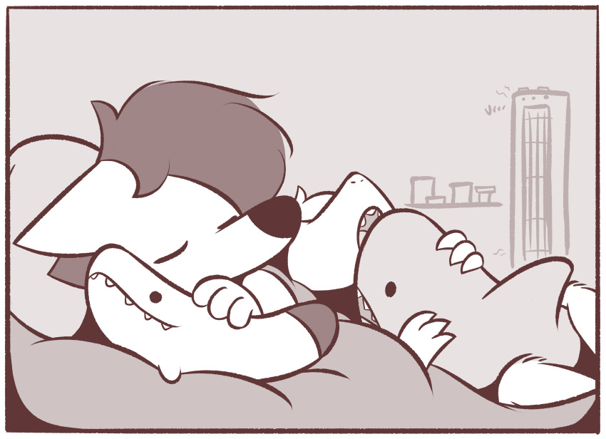 2018 absurd_res anthro bed canine chow_(theartmanor) clothing cuddling digital_media_(artwork) duo english_text eyes_closed fangs female fish hi_res hug legwear male mammal marine mechanical_fan molte monochrome mouse open_mouth pandemonium_wizard_village plushie pointy_ears rodent shark simple_background sleeping text theartmanor