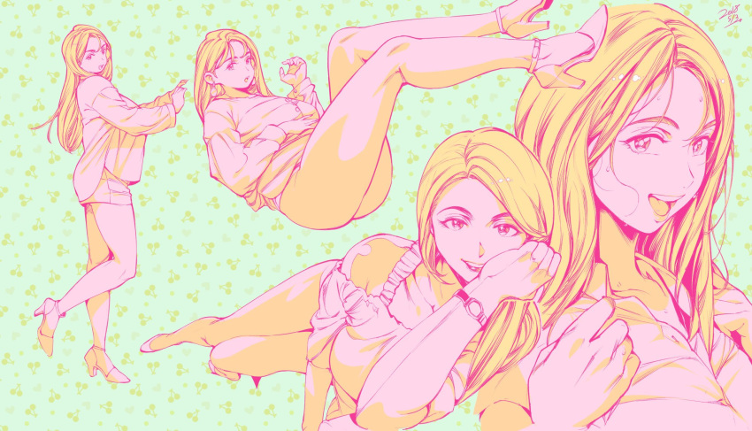 :d :o bare_shoulders blonde_hair breasts collared_shirt earrings green_background high_heels highres jewelry legs legs_up limited_palette long_hair long_sleeves looking_at_viewer looking_to_the_side lying on_back on_side open_mouth original orushibu shirt short_sleeves shorts smile sweat thighs watch wristwatch