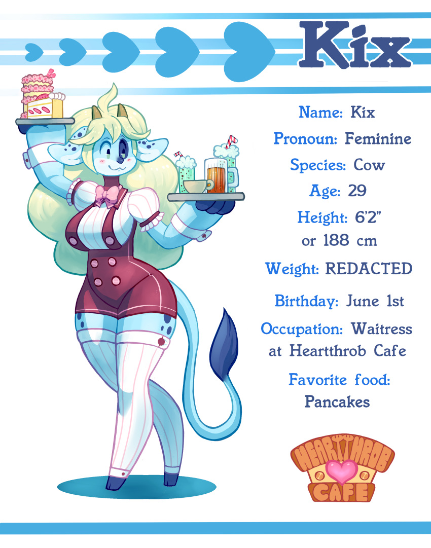 4_fingers :3 absurd_res anthro bendy_straw big_ears blonde_hair blue_fur blue_nose blush bovine bow_tie breasts cattle clothing dipstick_tail drinks english_text female food full-length_portrait fur green_eyes hair heartthrob_cafe hi_res holding_object horn irootie kix_(irootie) legwear light_fur long_hair long_tail mammal model_sheet multicolored_tail no_sclera overalls portrait simple_background smile solo spots spotted_fur stockings text three_tone_fur waiter white_background wide_hips