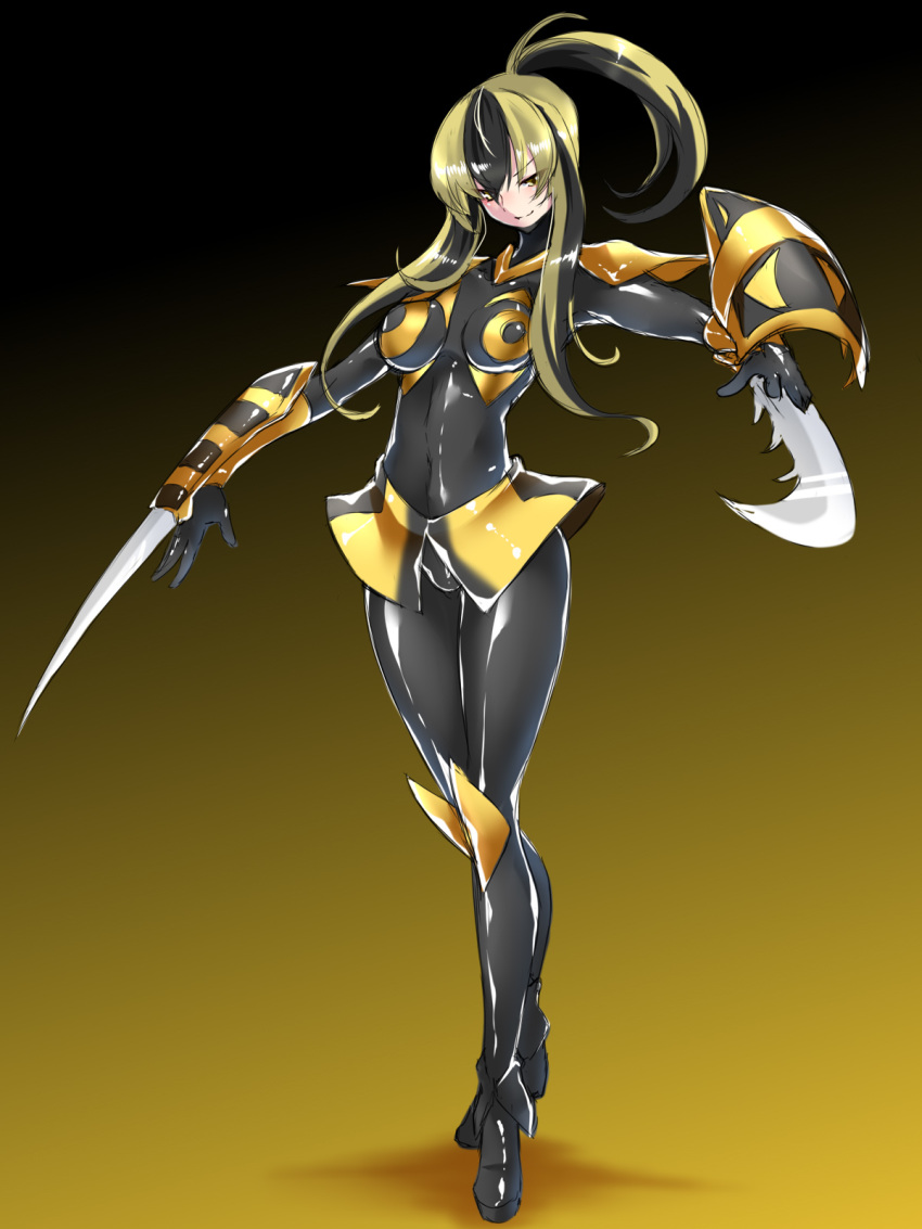 arm_blade bee_girl black_hair blonde_hair bodysuit breasts commentary_request gradient gradient_background highres insect_girl latex maron_(kagamikunn) multicolored_hair original ponytail shiny shiny_clothes skin_tight smile weapon yellow_eyes