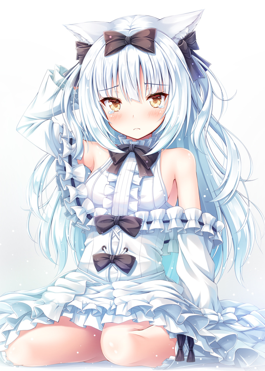 akashio_(loli_ace) animal_ears arm_up azur_lane bangs bare_shoulders black_bow boots bow breasts brown_eyes cat_ears commentary_request dress eyebrows_visible_through_hair hair_between_eyes hair_bow highres knee_boots long_hair long_sleeves looking_at_viewer medium_breasts off-shoulder_dress off_shoulder sidelocks silver_hair simple_background sitting solo tears two_side_up very_long_hair white_background white_dress white_footwear yukikaze_(azur_lane)