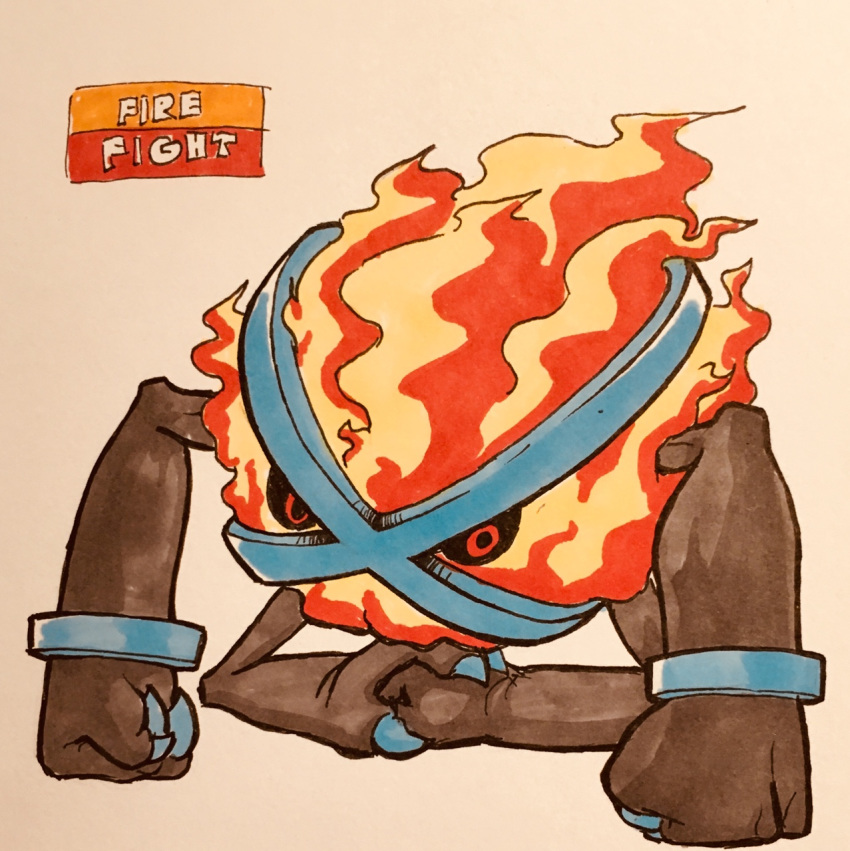 2018 3_fingers 4_arms alternate_color alternate_species ambiguous_gender biceps black_sclera blue_claws claws elemental english_text fak&eacute;mon fire fire_elemental firefightdex fist front_view full-length_portrait grey_body hatching_(technique) hi_res holding_fist legless looking_away marker_(artwork) metagross metallic_body mfanjul mineral_fauna mixed_media multi_arm multi_limb nintendo not_furry nude pen_(artwork) pok&eacute;mon pok&eacute;mon_(species) portrait pseudo_clothing red_eyes shadow simple_background solo spikes text toony traditional_media_(artwork) video_games waddling_head white_background