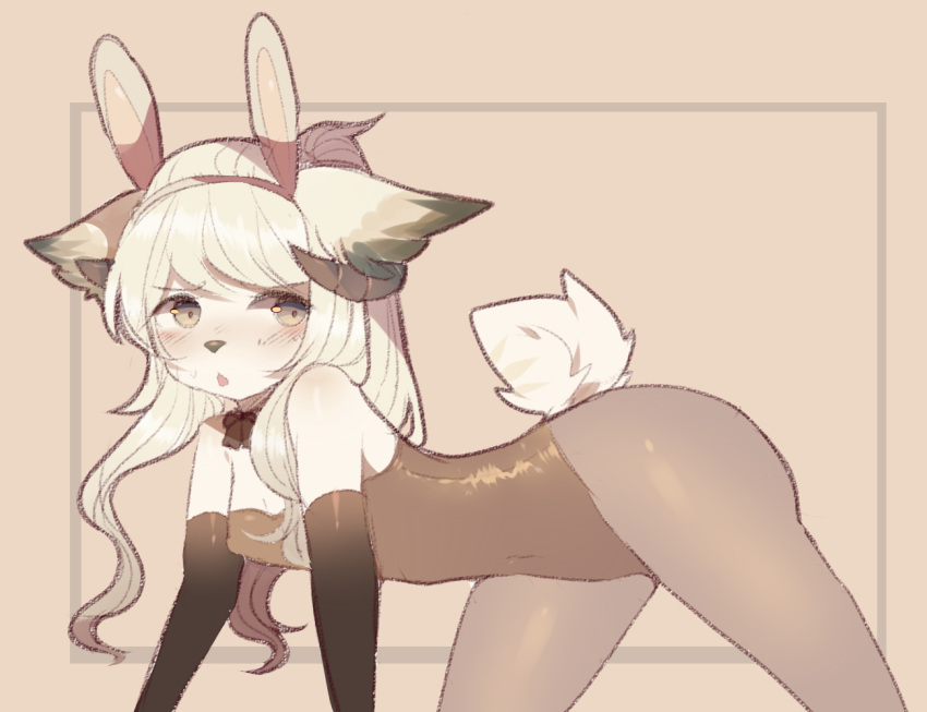 all_fours blush bow_tie bunny_costume cat clothed clothing collar costume embarrassed feline female fredek666 horn hybrid legwear looking_away mammal open_mouth ponytail solo tights