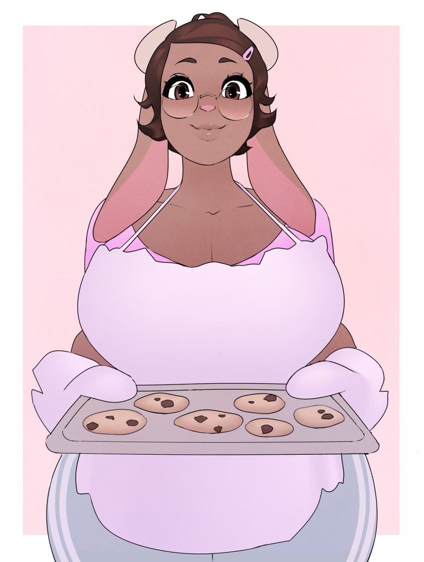 2016 anthro apron big_breasts bovine breasts brown_eyes brown_hair cattle cleavage clothed clothing cookie dark_skin eyewear fangdangler female floppy_ears food glasses gloria_cow gloves hair hi_res horn lips looking_at_viewer mammal mature_female pants pink_nose shirt short_hair smile solo thick_lips thick_thighs voluptuous wide_hips
