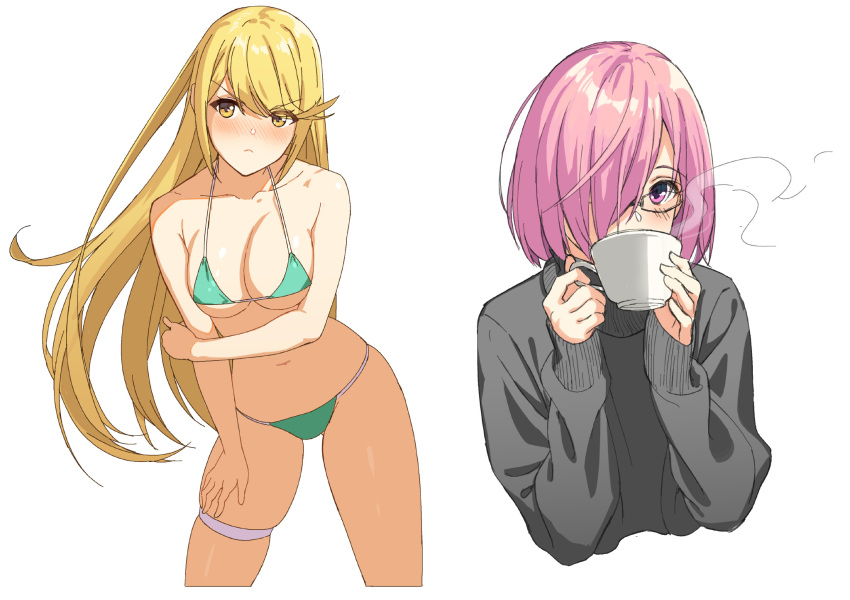 &gt;:( arm_under_breasts bikini blonde_hair blush breast_hold breasts cleavage collarbone drinking eyebrows_visible_through_hair eyes_visible_through_hair fate/grand_order fate_(series) full-face_blush glasses green_bikini hair_over_one_eye halterneck highres hikari_(xenoblade_2) icarus_(632247131) long_hair long_sleeves mash_kyrielight medium_breasts multiple_girls navel pink_eyes pink_hair short_hair sidelocks simple_background skindentation sleeves_past_wrists steam string_bikini sweater swimsuit thigh_strap turtleneck turtleneck_sweater upper_body v-shaped_eyebrows very_long_hair white_background xenoblade_(series) xenoblade_2 yellow_eyes