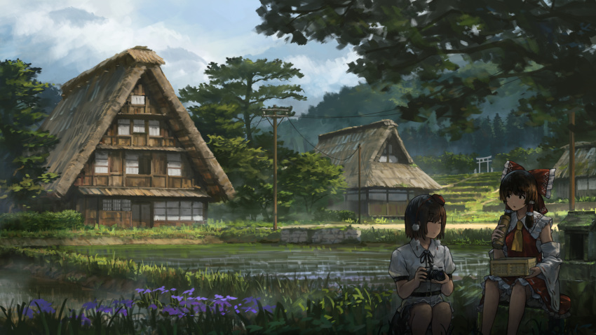 ^_^ architecture black_eyes black_neckwear black_ribbon black_skirt blue_sky bow box brown_hair building camera closed_eyes cloud commentary_request day detached_sleeves east_asian_architecture feet_out_of_frame flower frilled_shirt_collar frills grass hair_bow hakurei_reimu hat highres holding holding_camera long_hair long_sleeves looking_at_another mikado_(winters) miniskirt multiple_girls neck_ribbon outdoors petticoat power_lines power_pole puffy_short_sleeves puffy_sleeves purple_flower red_bow ribbon rice_paddy sarashi scenery shameimaru_aya shirt short_hair short_sleeves sitting skirt sky smile tokin_hat torii touhou tree utility_pole water white_shirt wide_sleeves