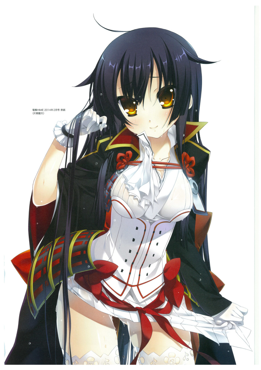 ahoge bangs black_hair blush breasts hand_in_hair highres japanese_clothes katagiri_hinata long_hair long_sleeves looking_at_viewer medium_breasts oda_saburou_kuon_nobunaga official_art pleated_skirt ribbon scan sengoku_koihime_~otome_kenran_sengoku_emaki~ skirt smile standing thighhighs very_long_hair wet white_background white_legwear white_skirt yellow_eyes