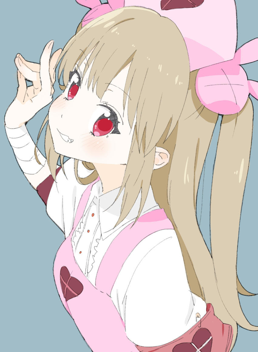 absurdres apron armband blush bunny_hair_ornament collared_shirt donguri_suzume fox_shadow_puppet grin hair_ornament hat heart highres light_brown_hair long_hair looking_at_viewer natori_sana nurse_cap pink_apron pink_hat red_eyes sana_channel shirt short_sleeves simple_background smile solo two_side_up virtual_youtuber