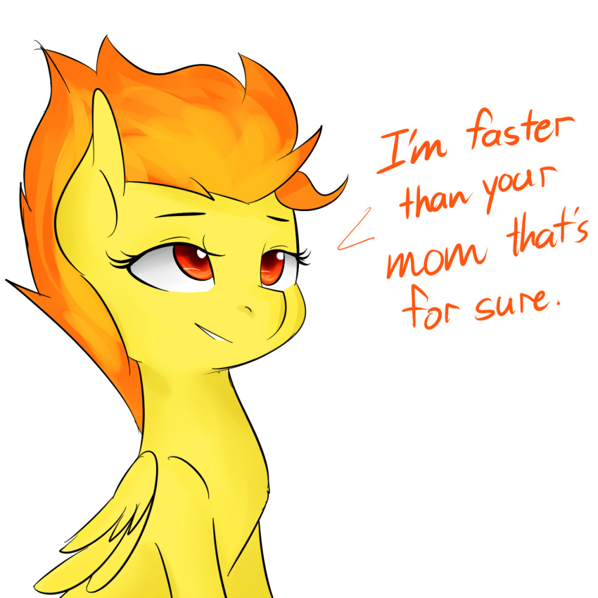 2015 english_text equine feathered_wings feathers female feral friendship_is_magic fur hair half-closed_eyes hi_res humor jovalic mammal multicolored_hair my_little_pony orange_hair pegasus simple_background smile solo spitfire_(mlp) text two_tone_hair white_background wings wonderbolts_(mlp) yellow_feathers yellow_fur