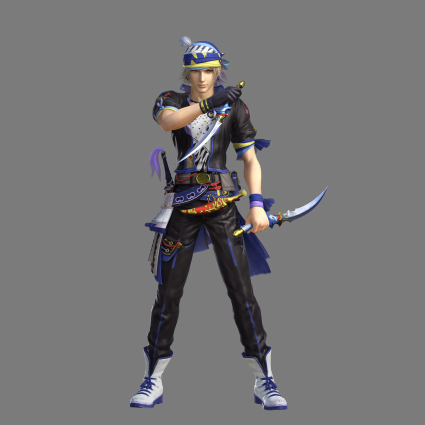 3d absurdres bandana belt black_gloves black_jacket black_pants boots brown_eyes dagger dissidia_final_fantasy dissidia_final_fantasy_nt dual_wielding final_fantasy final_fantasy_vi full_body gloves highres holding jacket lock_cole looking_at_viewer male_focus official_art pants sash short_hair silver_hair single_glove smile solo square_enix standing weapon white_footwear wristband