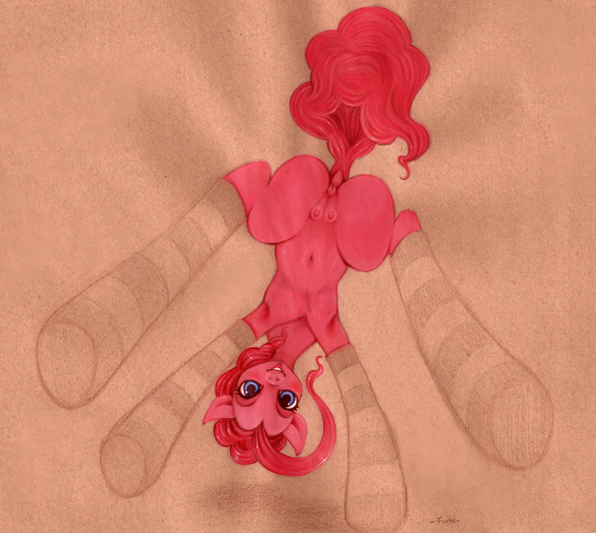 blue_eyes chest_tuft clothing earth_pony equine female feral friendship_is_magic fuchs fur hair horse legwear low-angle_view lying mammal mixed_media my_little_pony navel on_back pink_fur pink_hair pinkie_pie_(mlp) pony pussy smile solo spread_legs spreading stockings teats traditional_media_(artwork) tuft worm's-eye_view