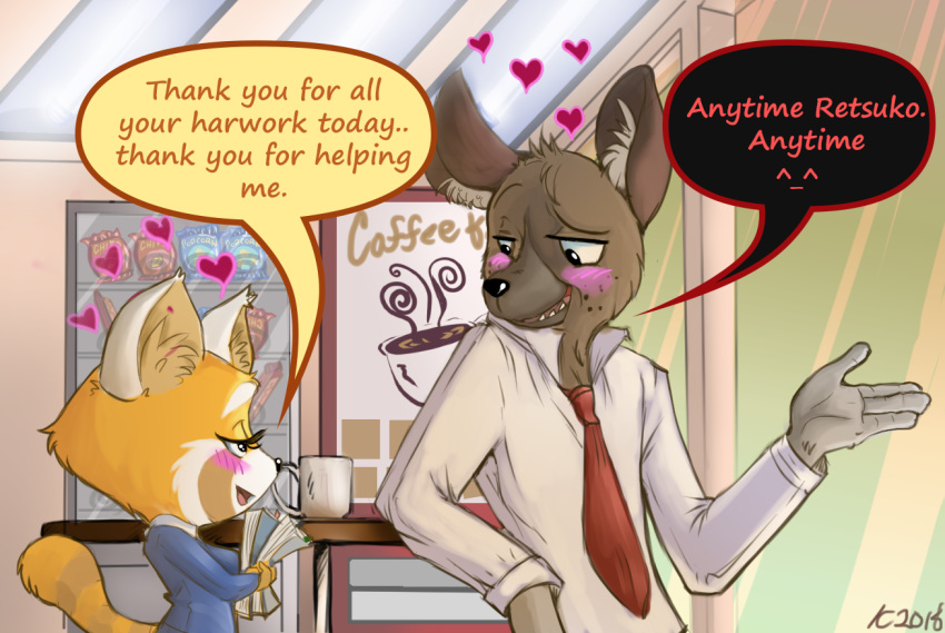 2018 aggressive_retsuko anthro clothed clothing digital_media_(artwork) female haida hi_res hyena male mammal moostargazer red_panda retsuko sanrio simple_background speech_bubble text