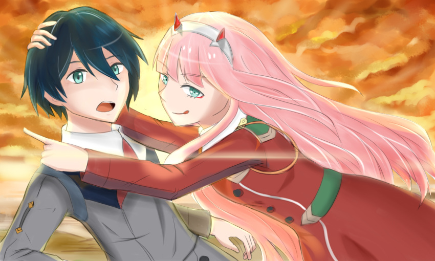 1boy 1girl black_hair blue_eyes couple darling_in_the_franxx eyebrows_visible_through_hair fringe green_eyes hair_ornament hairband hand_on_another's_shoulder hetero hiro_(darling_in_the_franxx) holding_another's_head horns lipstick long_hair long_sleeves looking_at_viewer military military_uniform necktie oni_horns pink_hair red_horns red_neckwear short_hair sodamiaw uniform white_hairband zero_two_(darling_in_the_franxx)