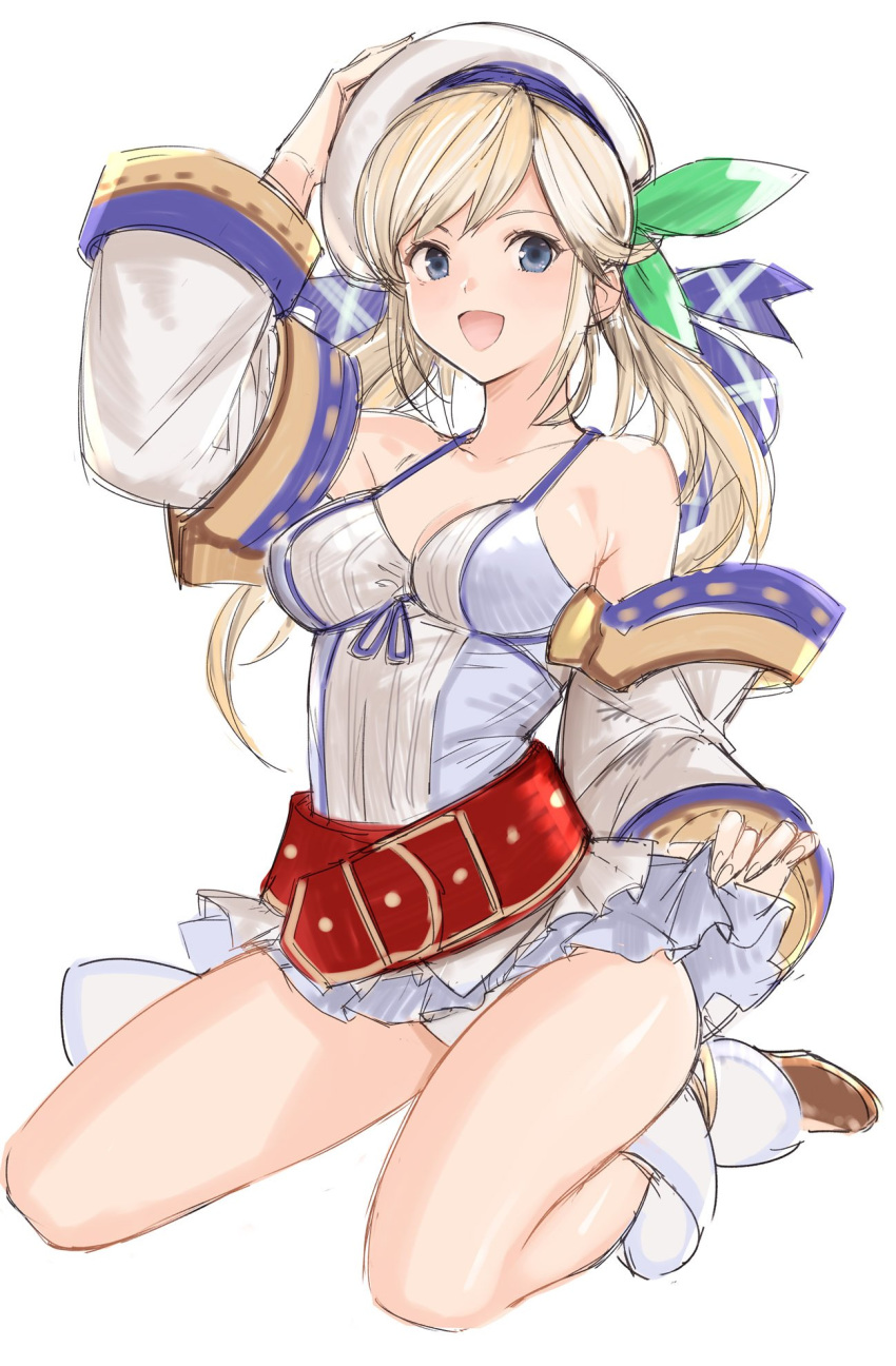 :d bangs bare_shoulders belt blonde_hair blue_eyes boots bow breasts camisole commentary_request copyright_request cucouroux_(granblue_fantasy) detached_sleeves granblue_fantasy green_bow hair_bow hand_on_headwear hand_up hat highres kneeling large_breasts long_sleeves looking_at_viewer open_mouth panties simple_background smile solo tetsu_(kimuchi) twintails underwear white_background white_hat white_panties wide_sleeves