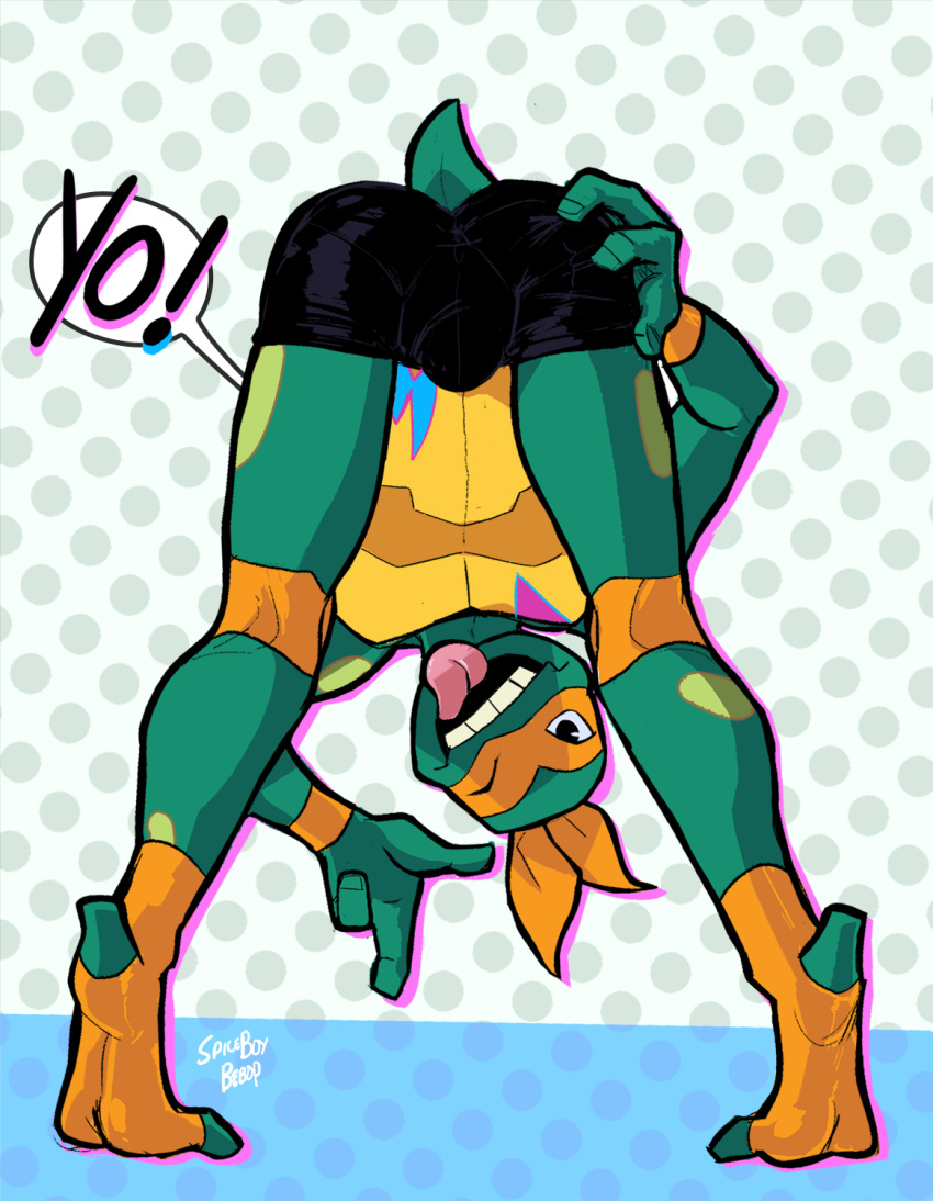 anthro bent_over bulge male michelangelo_(tmnt) one_eye_closed reptile scalie spiceboybebop teenage_mutant_ninja_turtles tongue tongue_out turtle wink