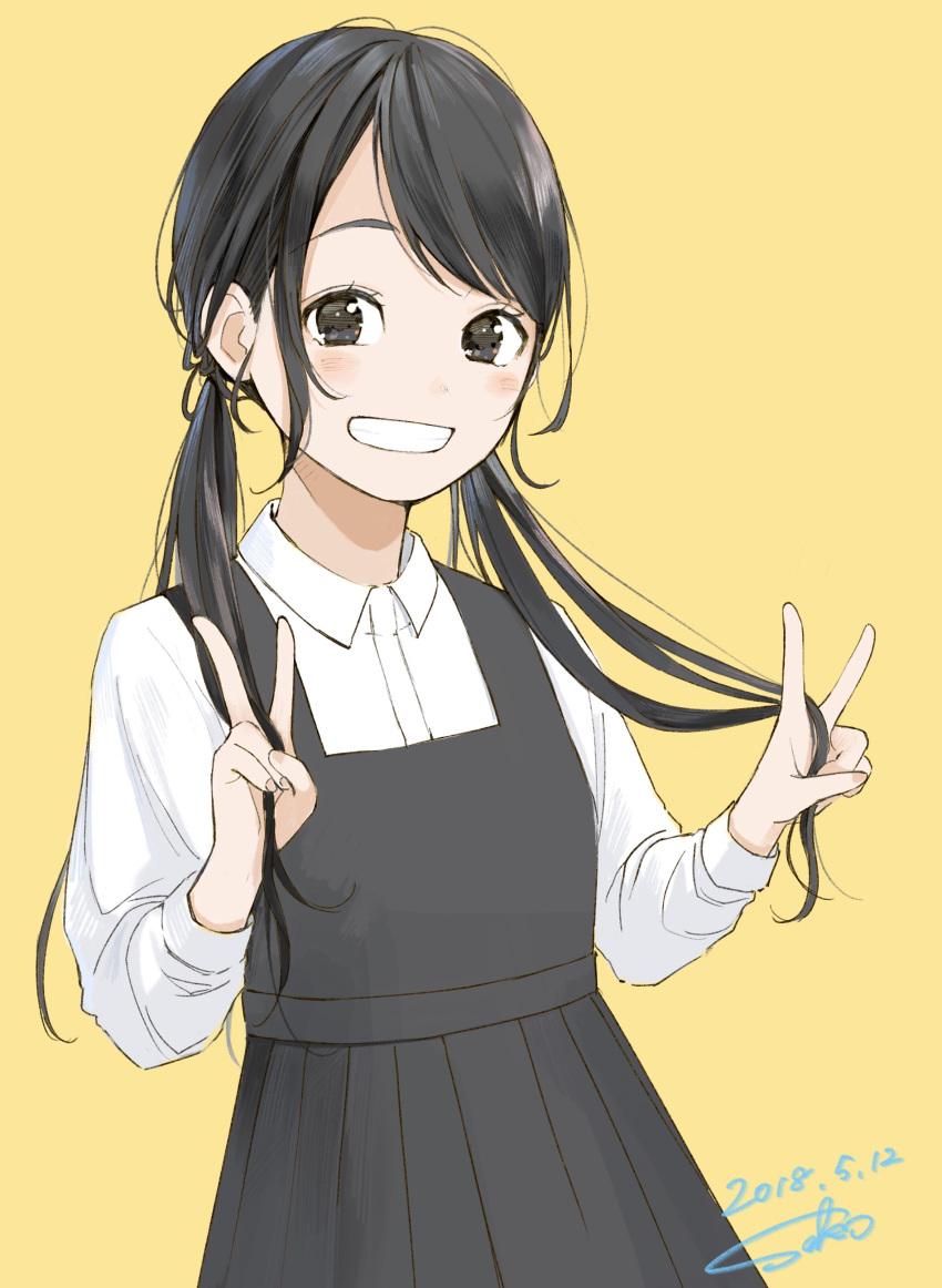:d absurdres bangs black_dress black_eyes black_hair commentary_request dated double_v dress grin hands_up highres long_sleeves looking_at_viewer open_mouth original pinafore_dress pleated_dress sako_(user_ndpz5754) school_uniform signature simple_background smile solo swept_bangs upper_body v yellow_background